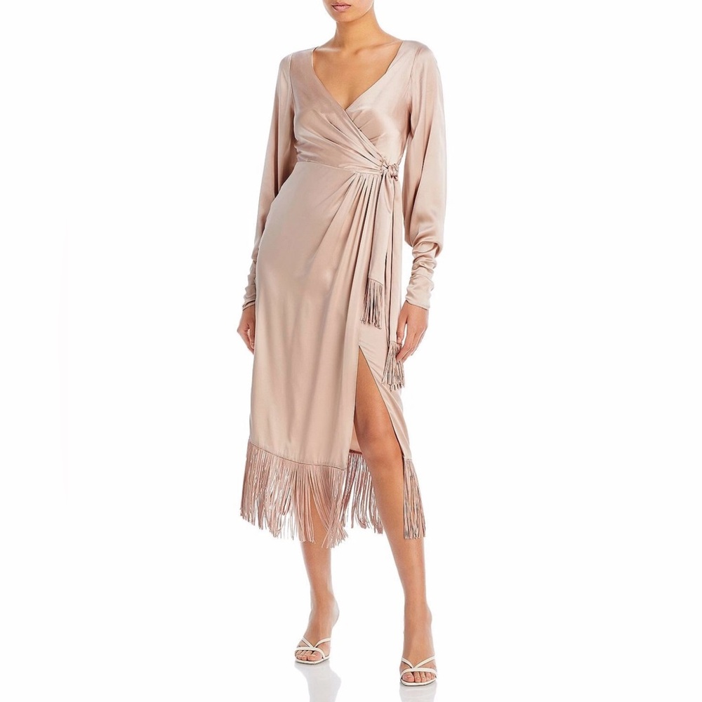 CINQ A SEPT PAGE FRINGE TRIM WRAP SILK PINK SAND MIDI DRESS SIZE 10